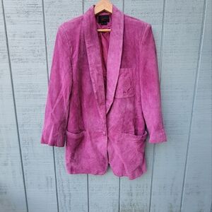 VTG 90s Cayenne One Button Crested Suede Dress Blazer sz M Pink 100% Leather
